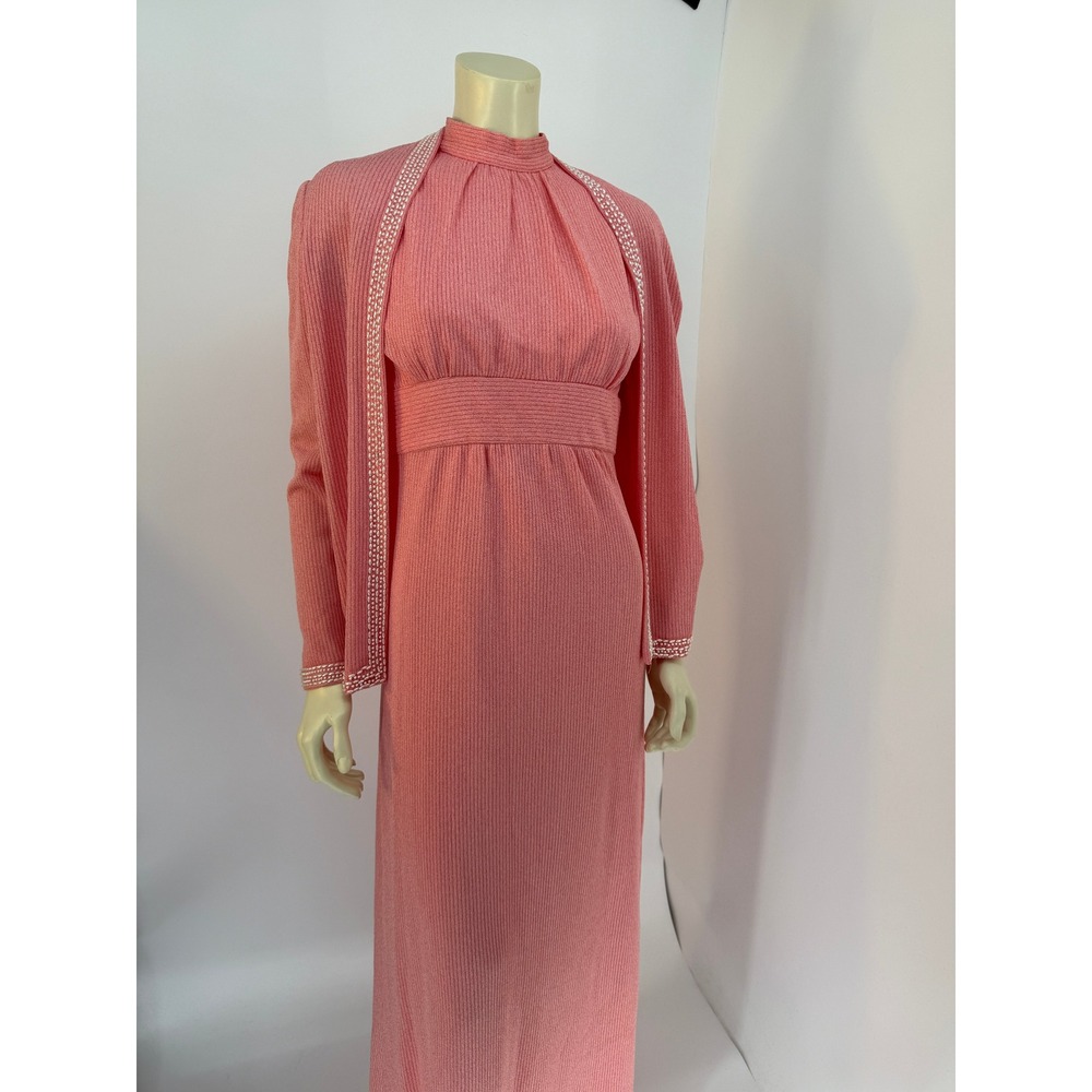 Vintage Coral Pink Ribbed Knit Maxi Dress and Beaded Cardigan Set Womens 2 Piece